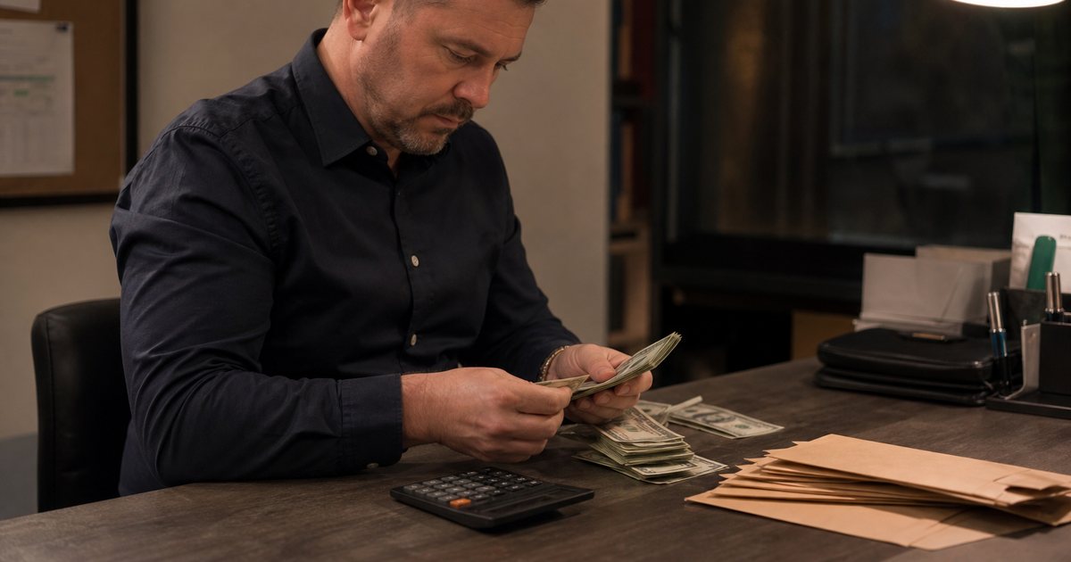 Restaurant manager counting cash from a till at a back-office desk late at night, envelopes and a calculator on the desk, warm overhead lamp