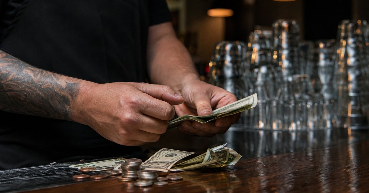 Close up of a bartender's hands counting a stack of cash and coins on a dark wooden bar top late at night, warm pendant lights overhead, rows of clean glassware blurred in the background