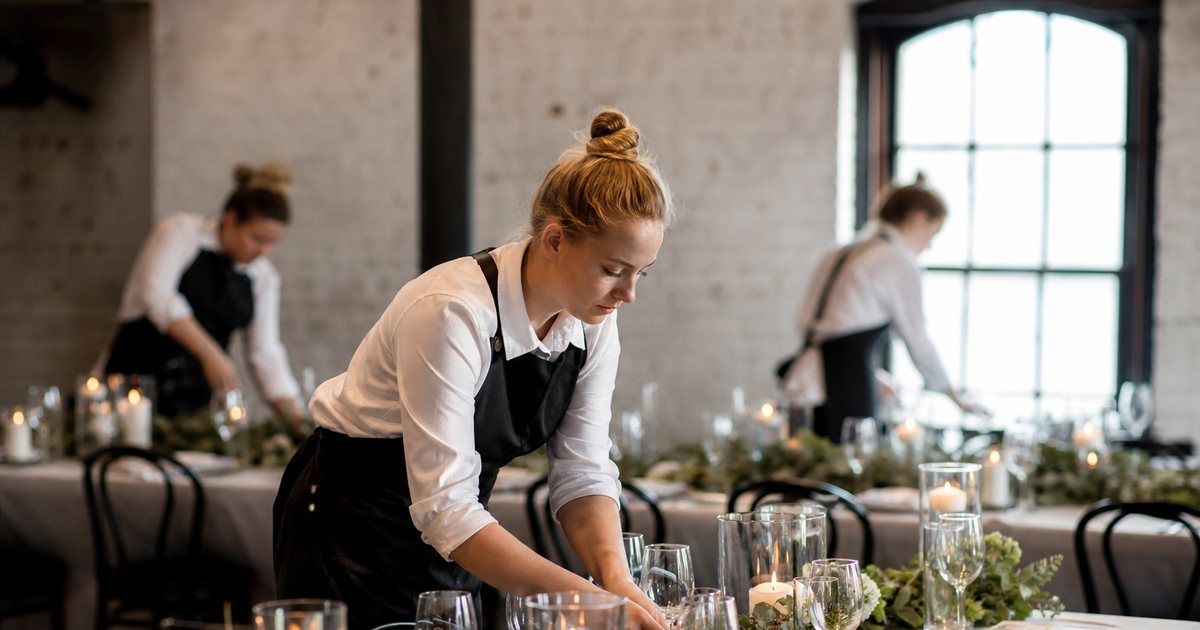 Catering staff in black aprons setting long tables with glassware and candles in a rented event hall before guests arrive