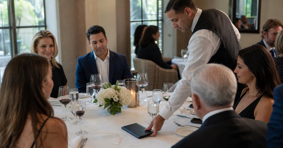 Server placing a leather check presenter on a white tablecloth in an upscale restaurant dining room, a large group of guests seated around the table