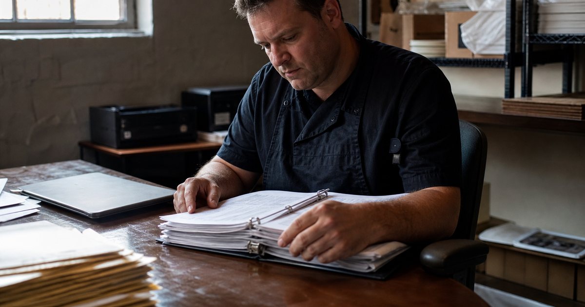 Restaurant owner at a cluttered back-office desk with a stack of closed binders and folders, a laptop closed beside them, morning light through a small window