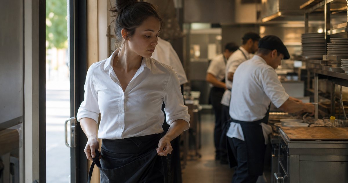 Server untying an apron and leaving through a restaurant kitchen door in the late afternoon while coworkers continue working the line behind her
