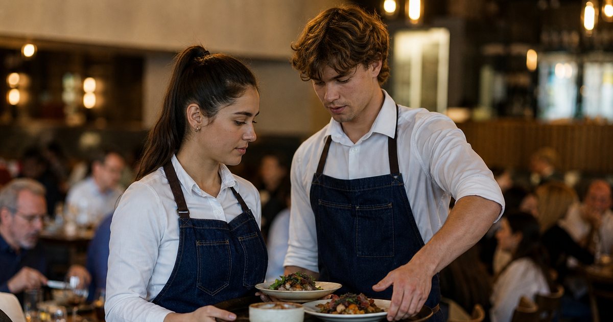 Experienced server showing a new hire how to carry a loaded tray in a busy restaurant dining room during dinner service
